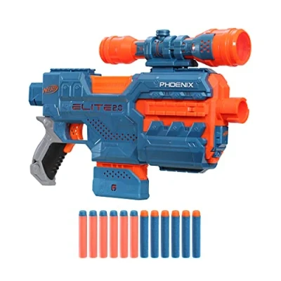 Image of Nerf Elite 2.0 Phoenix CS 6 Motorized Blaster, 12 Official Darts, Scope, Clip, Built In Customizing Capabilities, Multicolor, One Size, (E9961F03)
