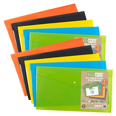 Image of eco DL 50% Recycled Assorted Colours Press Stud Popper Wallet, Plastic Folders (Pack of 10), Green, Black, Blue, Yellow, Orange, eco079x2