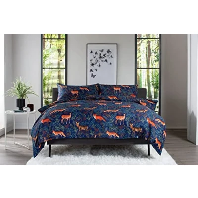 Image of Fox and Deer Stunning Duvet Cover Set in Navy Blue Single Bed Size Cotton Rich