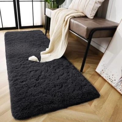 Image of AMEHA Rugs Living Room Bedroom Black Area for Hallway Runner Anti Slip Modern Super Soft Fluffy Shaggy Thick Pile Rug Non Shedding Luxury Decorative, 60 x 220 cm