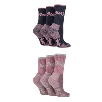 Image of Jeep Womens Cotton Boot Socks Luxury Terrain Calf Length Plain with Logo,Ribbed, Cushioned &amp; Chunky for Walking, Hiking, Trekking the Outdoors Size 4 8 6 Pair Multipack Navy Pink
