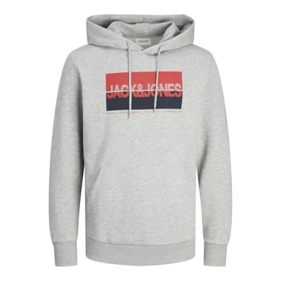 Image of JACK&amp;JONES PLUS Men&#039;s JJNOLAN Sweat Hood PLS Sweatshirt, Light Grey Melange/Print:Big, 6XL