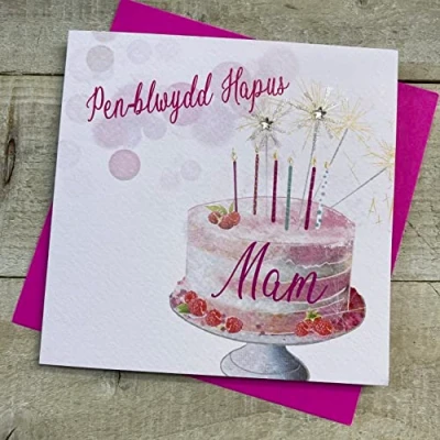 Image of WHITE COTTON CARDS WELSH PENBLWYDD HAPUS MAM MUM SPARKLER CAKE DESIGN, BIRTHDAY CARD, HAND FINISHED (W VN142 M)