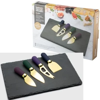 Image of Taylor&#039;s Eye Witness Brooklyn Deco 4 Piece Cheese Knife &amp; Slate Board Set