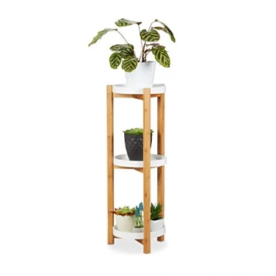 Image of Relaxdays Stand, 3 Tiers, Bamboo &amp; MDF, Round, Modern Plant Pot Shelves for Indoors, H x D: 79 30 cm, Natural/White