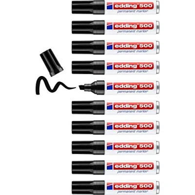 Image of edding 500 permanent marker black 10 pens chisel tip 2 7 mm waterproof, quick drying, smear proof for cardboard, plastic, wood, metal, glass and fabric