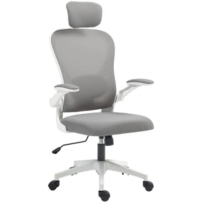 Image of HOMCOM Executive Office Chair, Ergonomic Mesh High Back Desk Chair with Flip up Armrest, Rotatable Headrest, Adjustable Lumbar Support, Swivel Computer for Home Study, Grey
