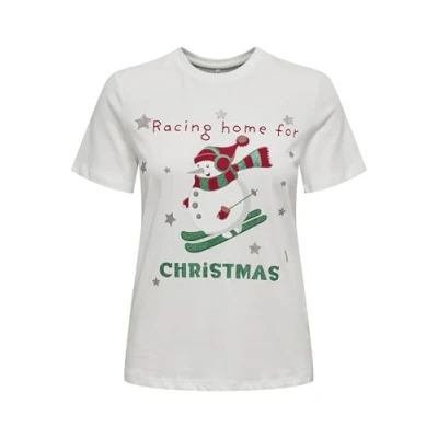 Image of ONLY Women&#039;s Onlxmas Life Yrsa Christmas S/S Top JRS T Shirt, Cloud Dancer/Print:Skiing Snowman, M