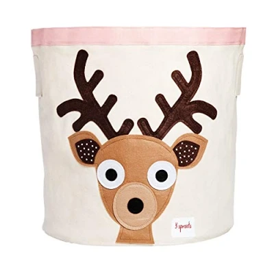 Image of 3 Sprouts Large Cotton Canvas Toy Storage Basket Durable Baby Laundry Organizer with Handles, Kids Foldable for Playroom &amp; Nursery Decor, Deer