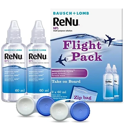 Image of ReNu Multi Purpose Travel Contact Lens Solution, 2x 60ml Flight Pack Size For Soft Lenses, Gentle on Sensitive Eyes, Clean, Disinfect, Rinse, Lubricate and Store your Case Included