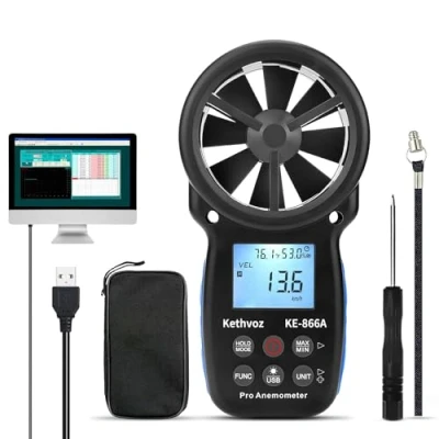 Image of Handheld Anemometer Wind Speed Meter, Kethvoz CFM Air Velocity Tester w/Thermometer Measure WindSpeed Flow Humidity Temperature for HVAC Dust Collection System Drone Flying Shooting KE 866A