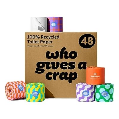 Image of Who Gives A Crap 100% Recycled, Twice as Long, Sustainable Toilet Roll, Box of 48 (3 Ply, 360 Sheets) Soft, Strong,