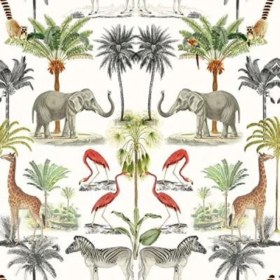 Image of Arthouse Mirrored Jungle Animals Palm Trees Wallpaper Multi/White 924109