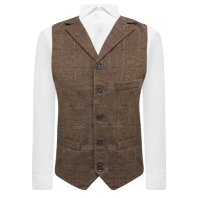 Image of King &amp; Priory Luxury Herringbone Brown Tweed Waistcoat with Lapel, Tailored Fit (3XL 48in Chest)