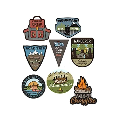 Image of 8 Screen Printed Children&#039;s Patches for Ironing onto Clothes. Heat Adhesive Applications Repairing and Decorating Trousers, Jackets, Jumpers, Backpacks, etc. (Camping)