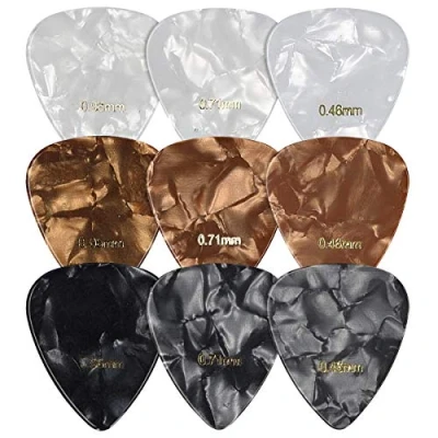 Image of kwmobile Set of 9 Guitar Picks Includes Thin, Medium, Heavy Gauges for Acoustic, Electric or Bass Guitar, Ukulele Black/White/Gold