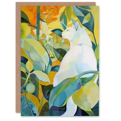 Image of Artery8 Greeting Card Zen Pet White Cat Lover Garden Leaves Painting Blank For Him Or Her Art Birthday