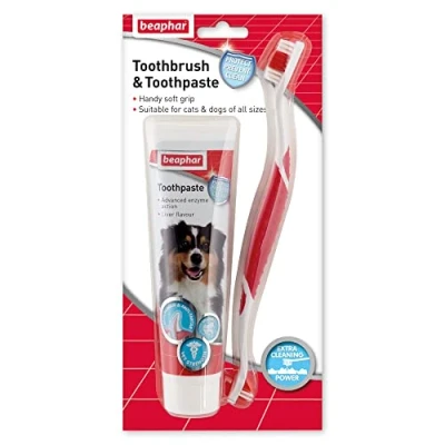 Image of Beaphar Toothbrush &amp; Toothpaste Dental Care Kit for Dogs Cats Includes A Double Ended Liver Flavoured Enzymatic Toothpaste, 100g Tube, 2 Count (Pack of 1)