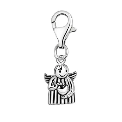 Image of Quiges 925 Sterling Silver 3D Angel Holding Heart Lobster Clasp Charm Clip on Pendant