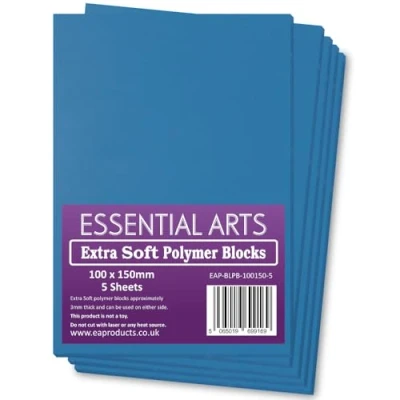 Image of Essential Arts Extra Soft 100 x 150mm Double Sided Blue Polymer Blocks Pack of 5 3mm Super Relief Printing Sheets for Easy Lino Carving Art and Craft