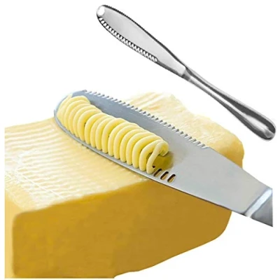 Image of Koksi Butter Knife, 3 in 1 Stainless Steel Spreader Serrated Edge Shredding Slots Easy to Hold for Bread Cheese Jam Slicer