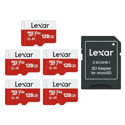 Image of Lexar Micro SD 128GB 5PK, Card up to 100MB/sec(R), MicroSDXC Memory with Adapter, A1, U3, C10, V30, Pack of 5