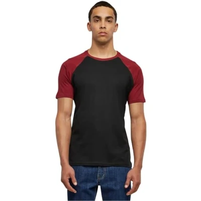 Image of Urban Classics Raglan Contrast Print Tshirt, Men&#039;s, Size: Small, Black/burgundy