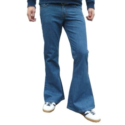 Image of Run &amp; Fly Mens Retro Stonewash Blue Flares Denim Hippie Bell Bottoms Jeans (UK, Waist Inseam, 36, 32, Blue)