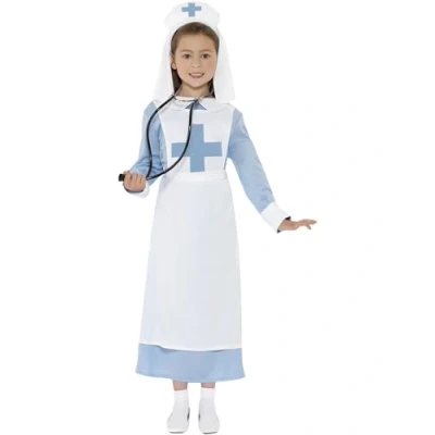Image of Smiffys WW1 Nurse Costume, Blue Dress, Mock Apron and Headpiece, Girls Fancy Child Dress Up Costumes