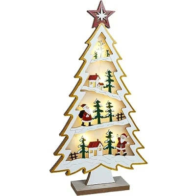 Image of St Helens Home &amp; Garden Xmas Haus Natural festive Wood LED Light Up Christmas Village With in a Tree Scene Battery Operated