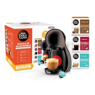 Image of Dolce Gusto DeLonghi Nescafé Piccolo XS Pod Capsule Coffee Machine Value Bundle, Espresso, Cappuccino and more, EDG210.B, 0.8 liters, Black &amp; Red, Includes 3 Boxes of Pods