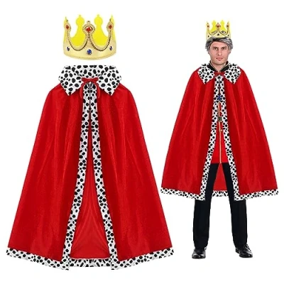 Image of SKHAOVS 2 Pcs Adults King Queen Costume Set, Coronation Outfit Robe with Crown, Fancy Dress for Role Play, Masquerade, Theme Party, Halloween, Carnival, 120cm (Red)