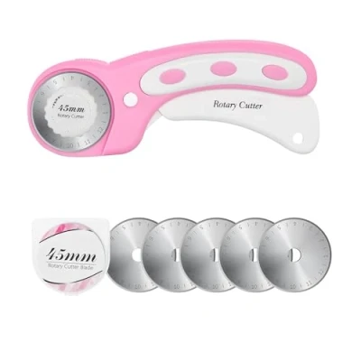 Image of 45mm Rotary Cutter with 5pcs Extra Blades, Ergonomic Handle Rolling Safety Lock for Fabric, Leather, Crafting, Sewing, Quilting, Fabric Perfect Left &amp; Right Hand(Pink)