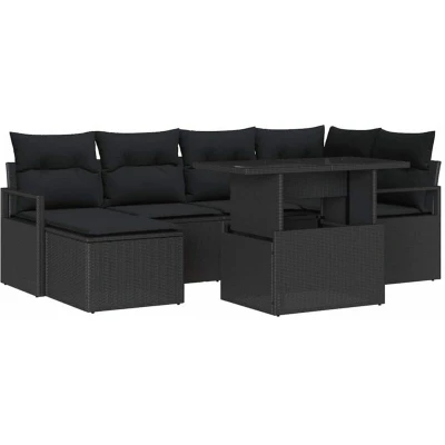 Image of vidaXL 7 Piece Garden Sofa Set with Cushions Black Poly Rattan