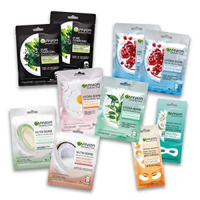 Image of Garnier Maschera in Tessuto HydraBomb, 10 Maschere Tessuto, Ciascuna con un Effetto Diverso, Per la Cura della Pelle, idratante, Confezione da