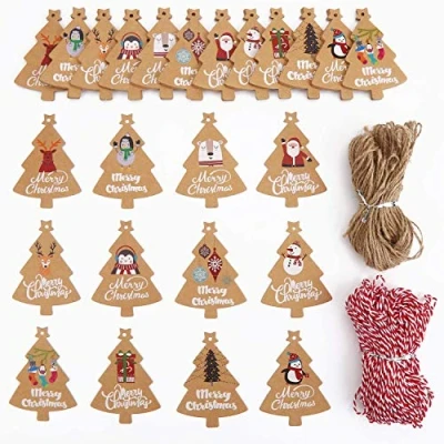 Image of LOKIPA Christmas Tree Gift Tags,120 Pieces Xmas Kraft Paper Label Parcel Present Hanging Tags with 230 Feet String Twine