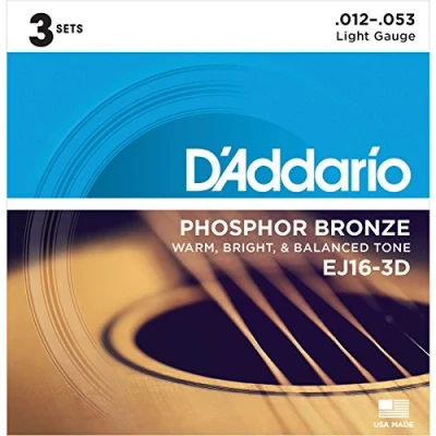 Image of D&#039;Addario Guitar Strings Acoustic Phosphor Bronze For 6 String Warm, Bright, Balanced Tone EJ16 3D Light, 12 53 3 Pack