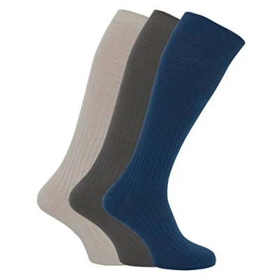 Image of Mens Ribbed Knee High 100% Cotton Socks (Pack Of 3) (6 11) (Design 4)