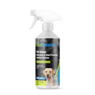 Image of BioBreeze Pet Stain And Odour Neutriliser Preventer Spray With Bio Enzymes Urine Carpet Cleaner Dogs &amp; Cats Fresh Linen 500ml