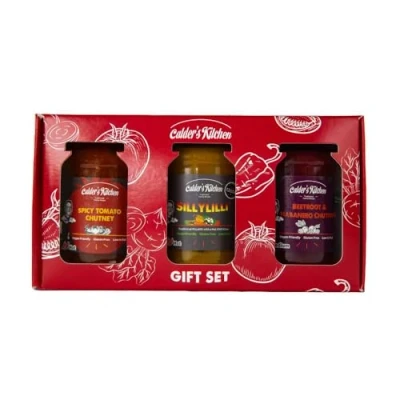 Image of Calder&#039;s Kitchen Spice Lover&#039;s Gift Box, 3 x 285g Jars, Spicy Pickles and Chutneys, Indian Flavoured Piccalilli, Fiery Beetroot, Tomato, Gluten Free, Vegan, Suitable for Coeliacs