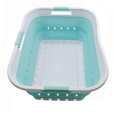 Image of SAMMART 42L Collapsible Plastic Laundry Basket Foldable Pop Up Storage Container/Organizer Space Saving Hamper/Basket (1, White/Lake Green)
