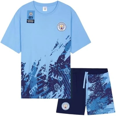 Image of Get Trend Manchester City F.C. Mens Pyjamas Set Short PJs Soft Breathable Nightwear Sleepwear Summer Lounge Gifts (XL, Blue City)