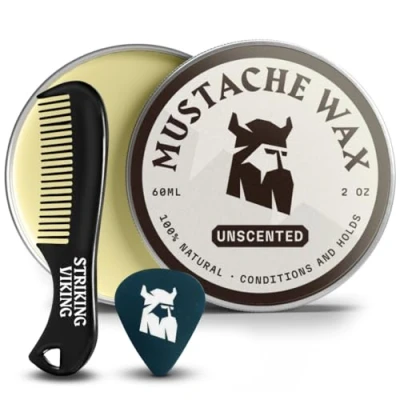 Image of Striking Viking Mustache Wax and Comb Kit Beard Moustache for Men with Strong Hold Natural Beeswax Helps Tame, Style, Groom (2 ounce) Oz, Unscented)