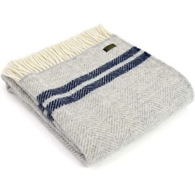 Image of Tweedmill Textiles Fishbone KNEE RUG Throw Blanket 100% Pure New Wool BRITISH MADE Silver Grey 2 Navy Blue Stripes