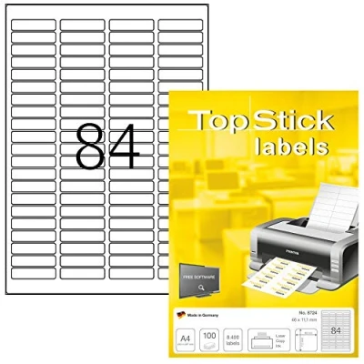 Image of TopStick Self Adhesive Multipurpose Labels, 84 Labels per A4 Sheet, 100 Sheets, 46 x 11.1 mm, 8400 Blank Universal Stickers, Sticky for Laser &amp; Inkjet Printer, White