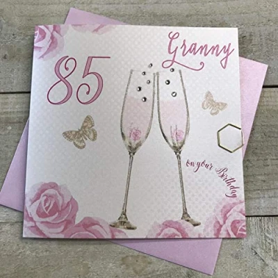 Image of Happy 85th Birthday Card Granny Champagne Glasses Pink Roses by White Cotton Cards SS42 GNY85