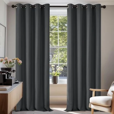 Image of Deconovo Super Soft Solid Thermal Insulated Blackout Curtains Ring Top for Living room Eyelet 55x87 Inch Two Panels Dark Gray