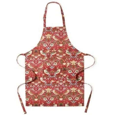 Image of Jansons Direct Linens Strawberry Thief Red 100% Cotton Halter Adjustable Neck Apron 70cm x 90cm William Morris Gallery