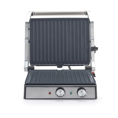 Image of Salter Large Electric Health Grill Ceramic Plates Open Flat for Extra Space, Stainless Steel Sandwich Toaster &amp; Panini Press, Excess Oil Tray Meat, Adjustable Temperature, 2000W, EK6234