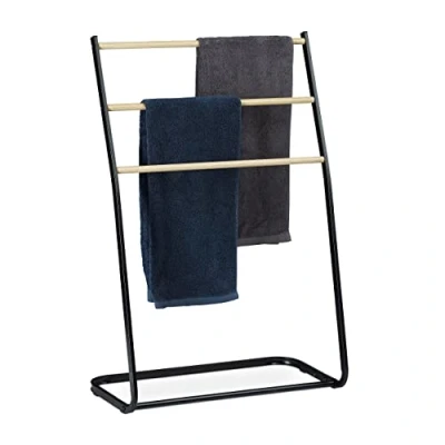 Image of Relaxdays Standing Towel Holder, Metal, 3 Rails with Wooden Look, Clothes Valet, HxWxD 86x58x30 cm, Black, iron, Pack of 1